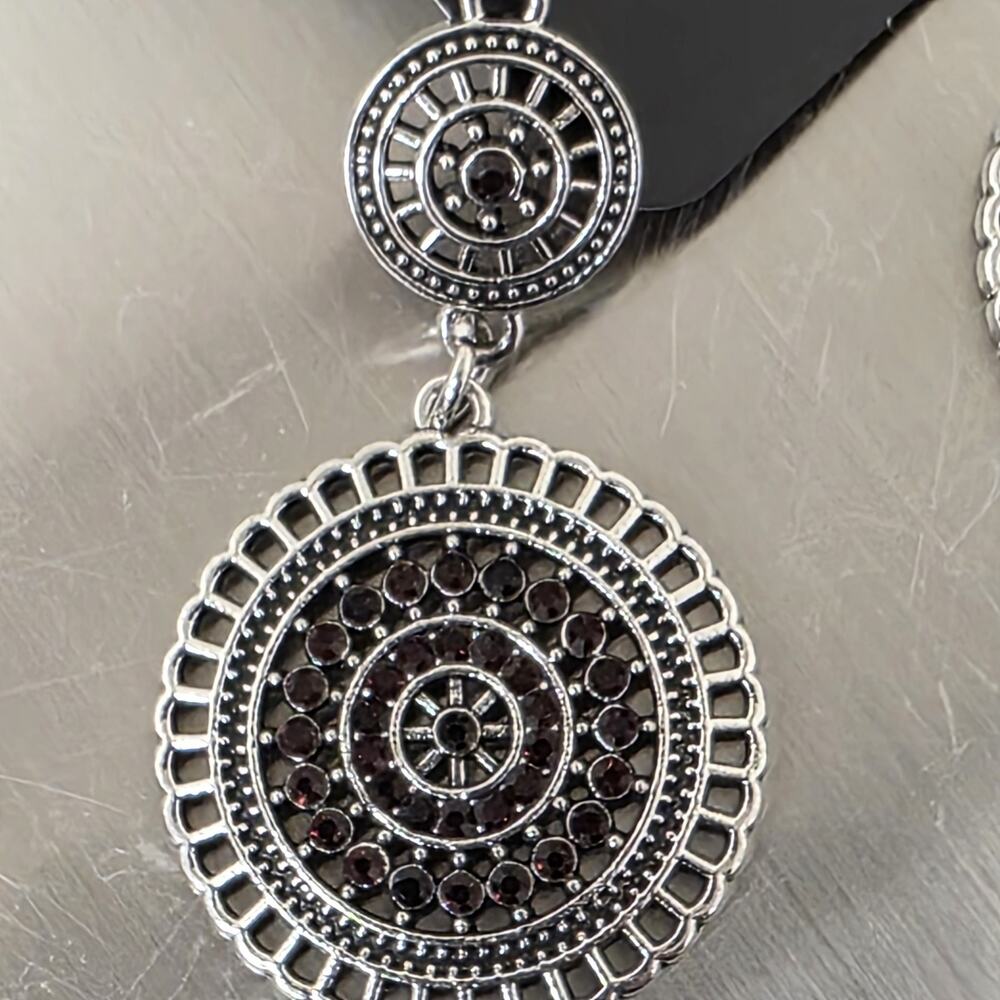 Paparazzi Silver Tone Dark Red Rhinestone Double Disc Dangle Earrings NWT New On - Picture 2 of 4